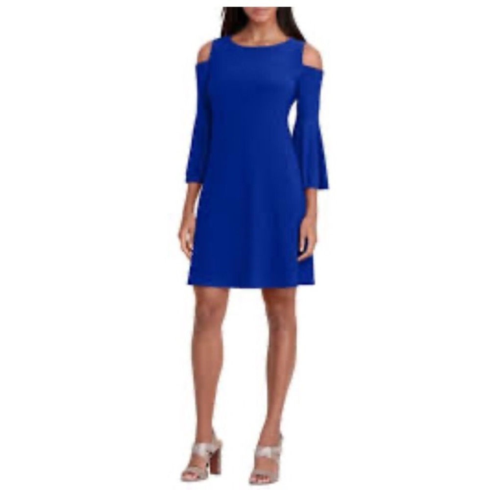 New Nwt Lauren Ralph Dress Womens 2 Blue Cold Shoulder Bell Sleeve Ruffle Flare